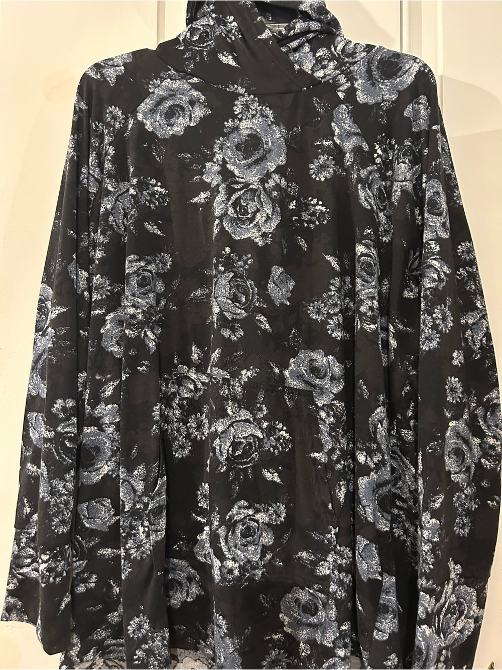 LuLaRoe Black Hooded Tunic with Silver-Grey Floral Print